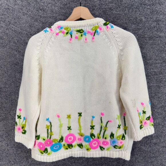 Handmade  Cardigan Women M Medium Beige Floral Open Front Long Sleeve Knit - Picture 2 of 5
